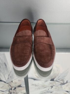 Santoni Brown Suede Slip-On Loafers with White Sole
